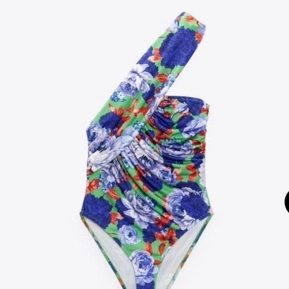 ZARA ONE SLEEVE FLORAL ASYMMETRIC BODYSUIT NWOT SMALL - Picture 6 of 7